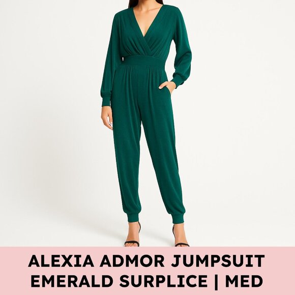 Alexia Admor Emerald Green Surplice Jumpsuit Jewel Tone Draped Holiday Party Dis - Picture 1 of 11
